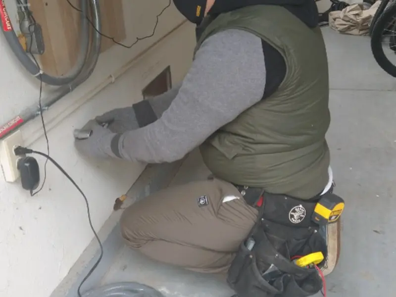 Electrician performing outlet wiring in a Stuarts Draft garage